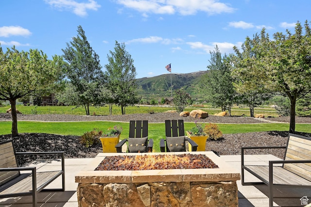 3858 E Eagle Ct, Eden, UT 84310 - view of patio / terrace featuring an outdoor fire pit and a mountain view