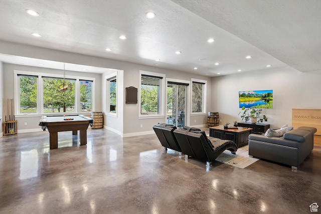 3858 E Eagle Ct, Eden, UT 84310 - living area with baseboards, pool table, finished concrete flooring, recessed lighting, and a textured ceiling
