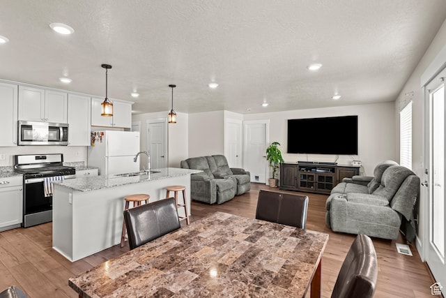 3932 S Sennie Dr W, Magna, UT 84044 - living room featuring light wood finished floors, a textured ceiling, and recessed lighting