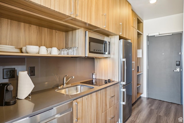 2670 Canyons Resort Dr Unit 319, Park City, UT 84098 - kitchen with appliances with stainless steel finishes, modern cabinets, open shelves, a sink, and light brown cabinetry
