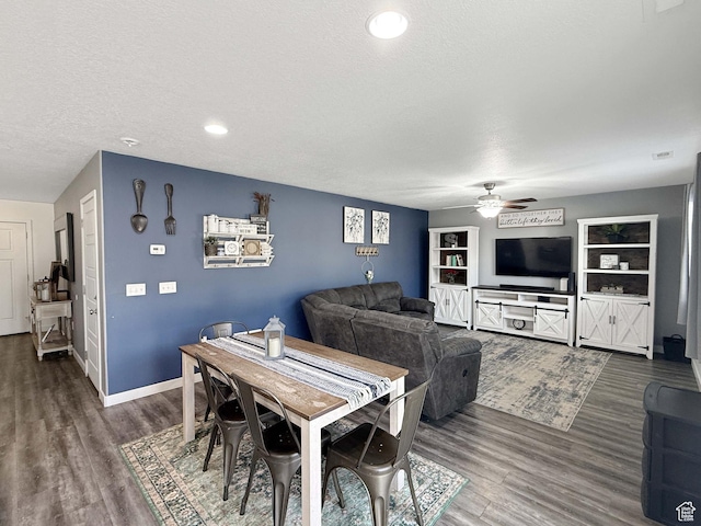3508 S Creek Side Ln, Syracuse, UT 84075 - dining space with ceiling fan, dark wood-type flooring, a textured ceiling, baseboards, and recessed lighting