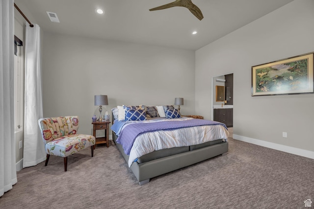 9984 N Rail Loop Unit 29, Heber City, UT 84032 - carpeted bedroom featuring baseboards, recessed lighting, connected bathroom, and ceiling fan