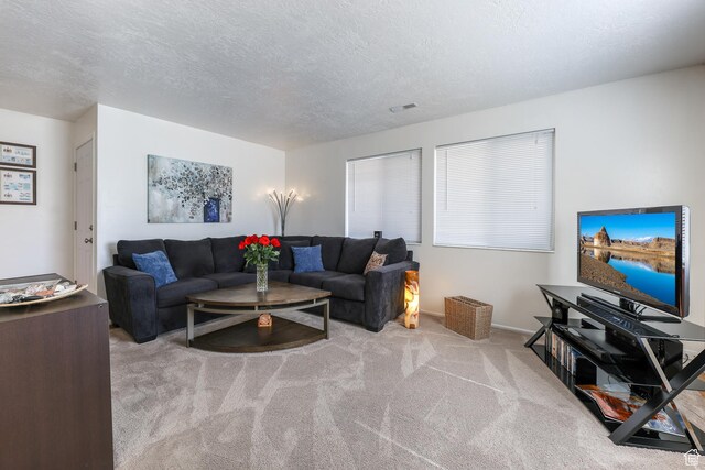 180 W Vine St, Tooele, UT 84074 - carpeted living room featuring a textured ceiling and baseboards