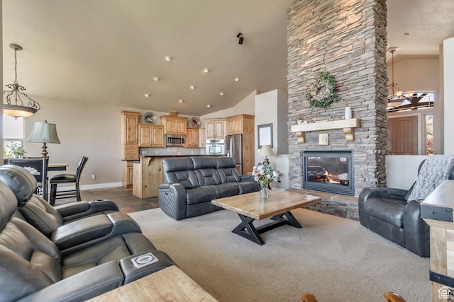 2116 E Falcon Ridge Dr, Draper Ut Cnty, UT 84020 - living area featuring baseboards, a stone fireplace, and a high ceiling