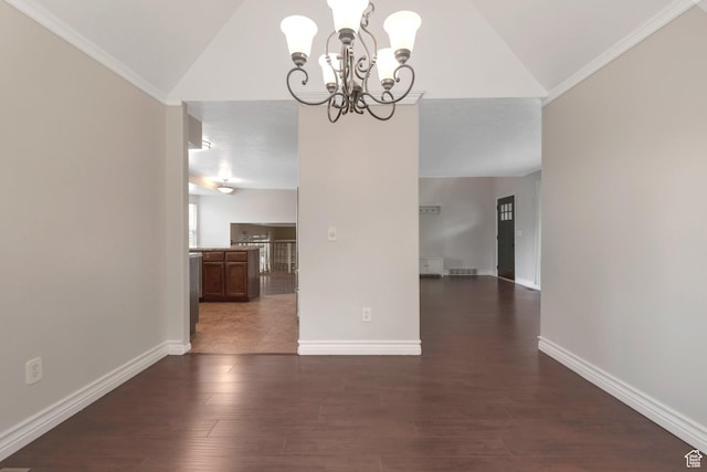 494 E High Berry Ln S, Draper, UT 84020 - unfurnished dining area with lofted ceiling, a chandelier, baseboards, dark wood-style floors, and ornamental molding