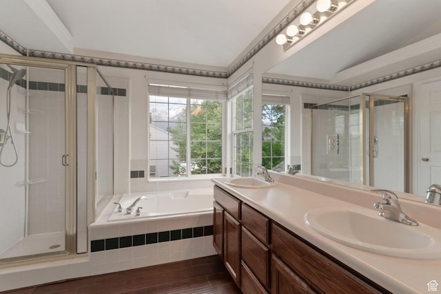 494 E High Berry Ln S, Draper, UT 84020 - bathroom featuring a stall shower, double vanity, a bath, and wood finished floors