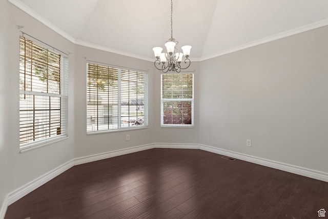 494 E High Berry Ln S, Draper, UT 84020 - unfurnished room featuring a chandelier, dark wood finished floors, healthy amount of natural light, baseboards, and lofted ceiling
