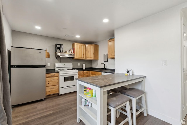 1404 N Lancelot Dr W, Provo, UT 84601 - kitchen featuring freestanding refrigerator, gas range gas stove, open shelves, light brown cabinetry, and dark countertops