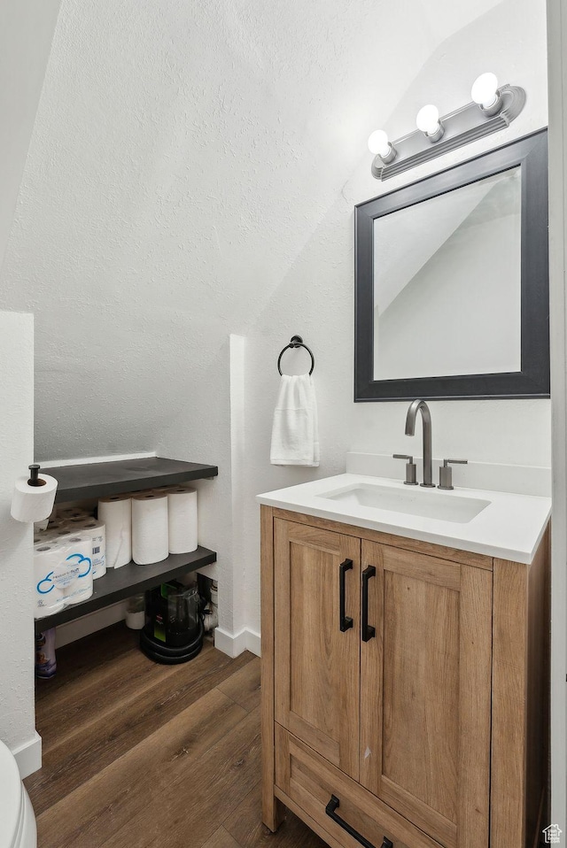 1404 N Lancelot Dr W, Provo, UT 84601 - half bath with vaulted ceiling, wood finished floors, vanity, and toilet