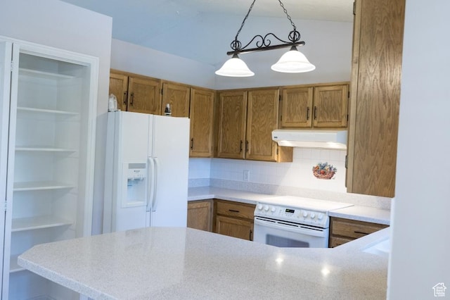 30 E 200 N, Millville, UT 84326 - kitchen featuring under cabinet range hood, white appliances, brown cabinetry, pendant lighting, and light countertops