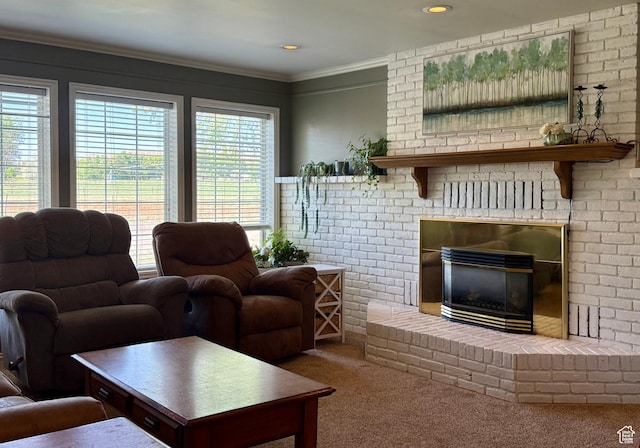 1273 W 1500 S, Vernal, UT 84078 - carpeted living room featuring a brick fireplace, crown molding, and recessed lighting