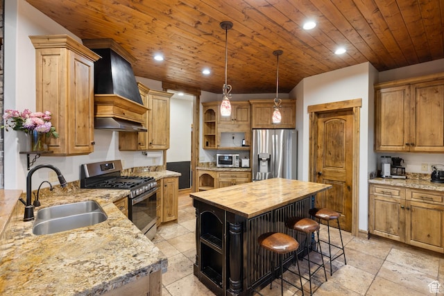 300 E 400 S, Kamas, UT 84036 - kitchen featuring appliances with stainless steel finishes, open shelves, a sink, custom range hood, and butcher block countertops