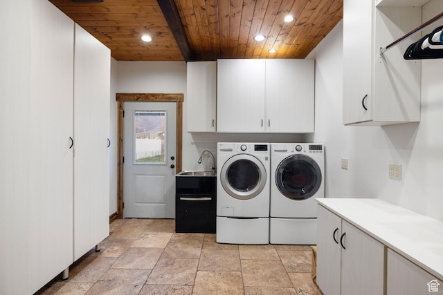 300 E 400 S, Kamas, UT 84036 - laundry room featuring wood ceiling, cabinet space, independent washer and dryer, recessed lighting, and stone tile floors