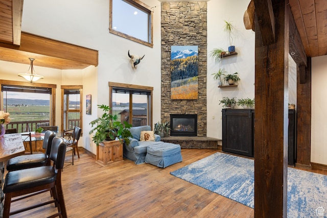 300 E 400 S, Kamas, UT 84036 - living room with wood finished floors, a stone fireplace, and a high ceiling