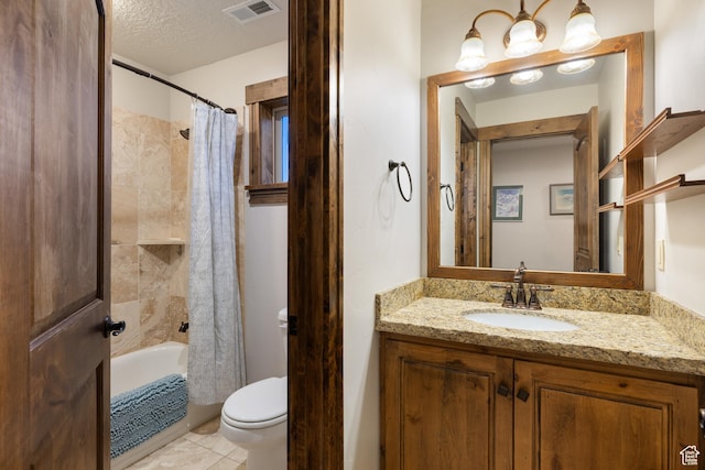 300 E 400 S, Kamas, UT 84036 - bathroom with toilet, vanity, shower / tub combo with curtain, a textured ceiling, and tile patterned flooring