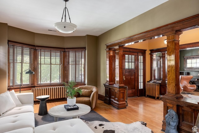 216 B St, Salt Lake City, UT 84103 - living area featuring radiator, decorative columns, wood finished floors, and baseboards