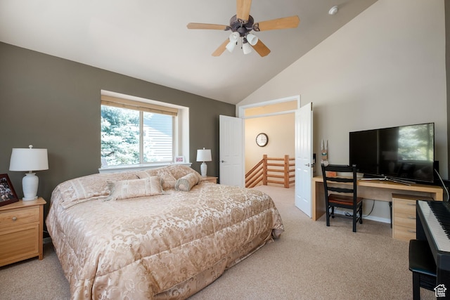 7403 Brook Hollow Loop Rd, Park City, UT 84098 - carpeted bedroom featuring high vaulted ceiling, an office area, and ceiling fan