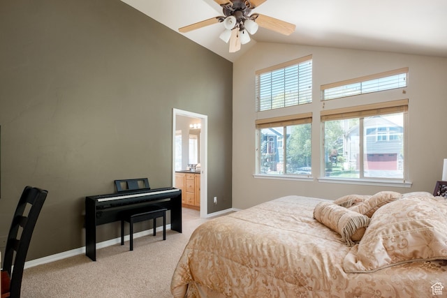 7403 Brook Hollow Loop Rd, Park City, UT 84098 - bedroom featuring high vaulted ceiling, light carpet, baseboards, ensuite bathroom, and ceiling fan
