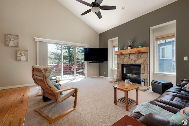 7403 Brook Hollow Loop Rd, Park City, UT 84098 - living room featuring high vaulted ceiling, a ceiling fan, baseboards, and a fireplace