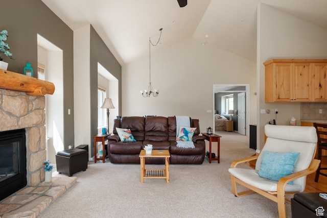 7403 Brook Hollow Loop Rd, Park City, UT 84098 - living area with carpet, a chandelier, high vaulted ceiling, and a stone fireplace