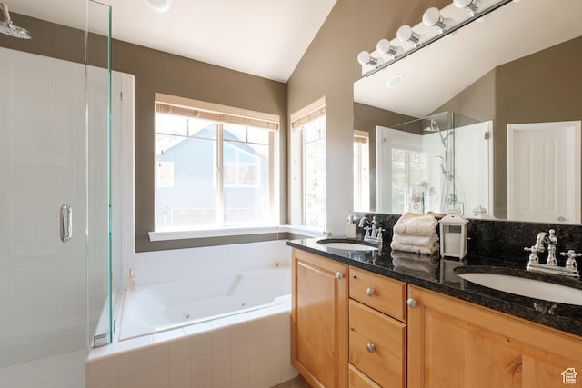 7403 Brook Hollow Loop Rd, Park City, UT 84098 - full bathroom featuring a shower stall, double vanity, a whirlpool tub, and vaulted ceiling