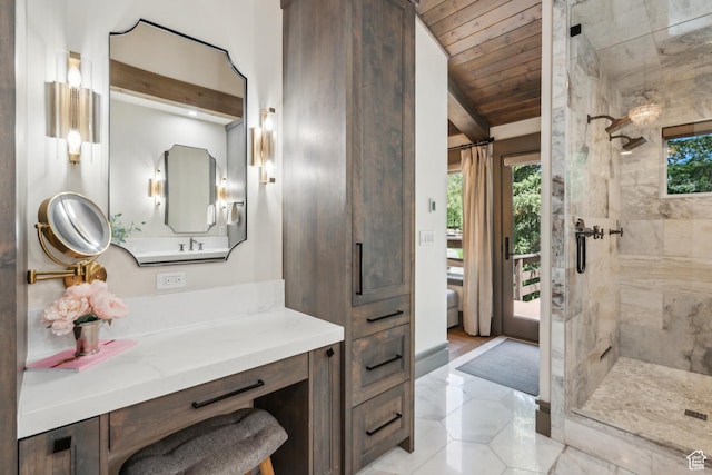 3058 Elk Run Dr W, Park City, UT 84098 - bathroom with a shower stall, vanity, wood ceiling, and tile patterned floors