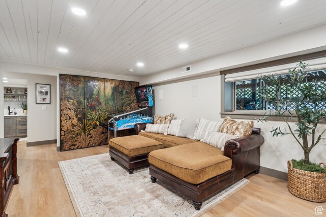 3058 Elk Run Dr W, Park City, UT 84098 - living room featuring light wood finished floors, recessed lighting, wooden ceiling, and bar