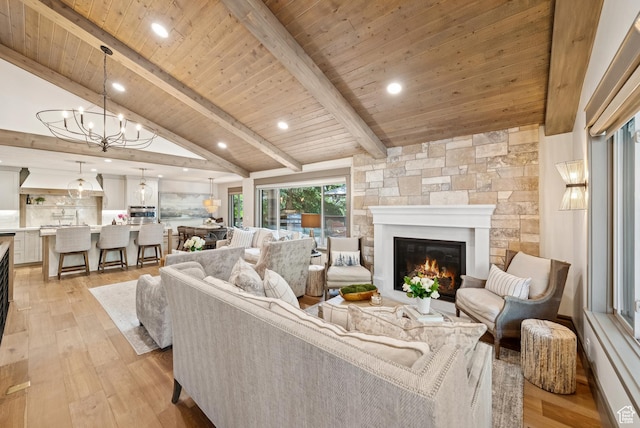 3058 Elk Run Dr W, Park City, UT 84098 - living area featuring wooden ceiling, light wood-type flooring, a stone fireplace, a chandelier, and recessed lighting