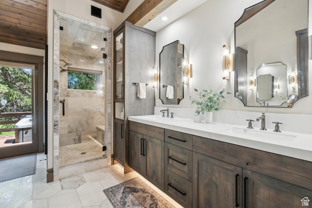 3058 Elk Run Dr W, Park City, UT 84098 - bathroom with double vanity, a stall shower, marble look tiles, and recessed lighting