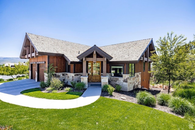 201 N Kings Peak Ct Unit Cp-23, Heber City, UT 84032 - view of front facade with stone siding, a front yard, a garage, and driveway