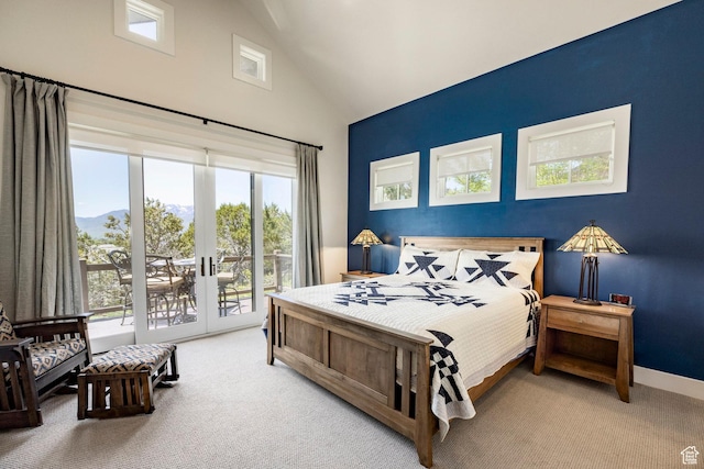 201 N Kings Peak Ct Unit Cp-23, Heber City, UT 84032 - bedroom with high vaulted ceiling, light colored carpet, access to exterior, and french doors