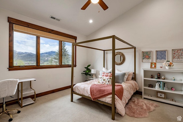 2938 Daybreaker Dr, Park City, UT 84098 - bedroom with light carpet, vaulted ceiling, baseboards, a ceiling fan, and recessed lighting