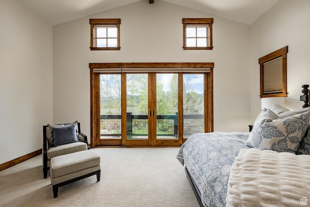 2938 Daybreaker Dr, Park City, UT 84098 - bedroom featuring high vaulted ceiling, access to outside, carpet floors, multiple windows, and baseboards