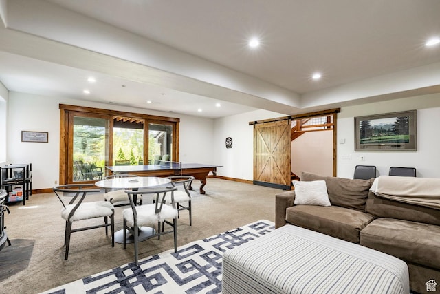 2938 Daybreaker Dr, Park City, UT 84098 - living room featuring a barn door, light carpet, recessed lighting, baseboards, and billiards table