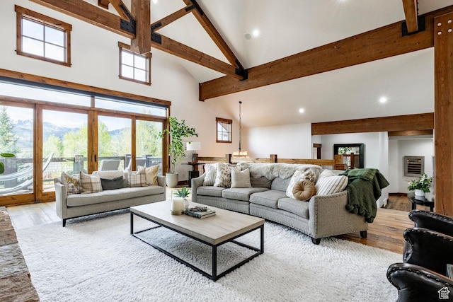 2938 Daybreaker Dr, Park City, UT 84098 - living room with high vaulted ceiling, beam ceiling, hardwood / wood-style floors, and recessed lighting