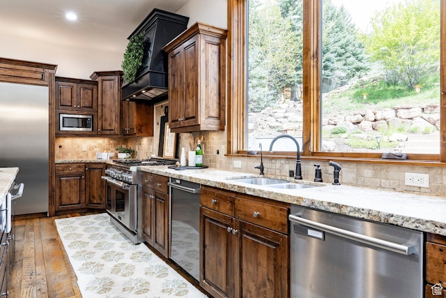 2938 Daybreaker Dr, Park City, UT 84098 - kitchen featuring built in appliances, a sink, light stone countertops, tasteful backsplash, and custom range hood