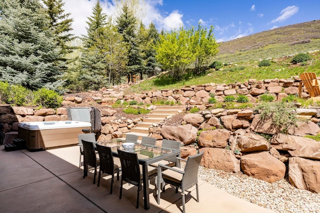 2938 Daybreaker Dr, Park City, UT 84098 - view of patio / terrace featuring outdoor dining area, stairs, and a mountain view