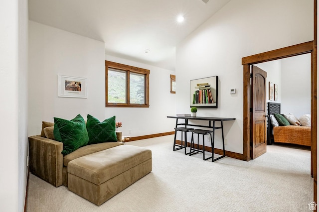 2938 Daybreaker Dr, Park City, UT 84098 - living area with carpet flooring, vaulted ceiling, baseboards, and recessed lighting