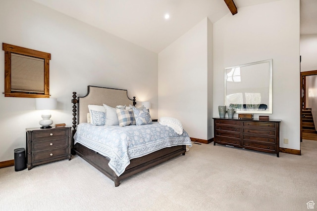 2938 Daybreaker Dr, Park City, UT 84098 - bedroom with carpet flooring, baseboards, beam ceiling, and high vaulted ceiling