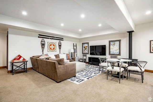 2938 Daybreaker Dr, Park City, UT 84098 - living room with light colored carpet, recessed lighting, baseboards, a wood stove, and a raised ceiling