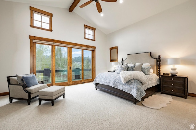 2938 Daybreaker Dr, Park City, UT 84098 - carpeted bedroom with high vaulted ceiling, beam ceiling, baseboards, recessed lighting, and a ceiling fan