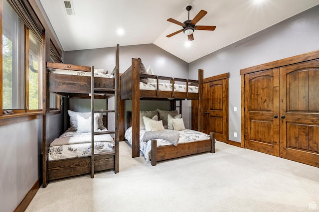 2938 Daybreaker Dr, Park City, UT 84098 - bedroom with carpet flooring, lofted ceiling, baseboards, and a ceiling fan