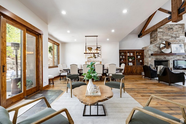 2938 Daybreaker Dr, Park City, UT 84098 - living area featuring light wood finished floors, recessed lighting, baseboards, and a stone fireplace