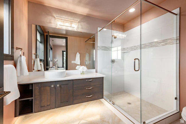 5925 Mountain Ranch Dr, Park City, UT 84098 - bathroom with vanity, a stall shower, tile patterned flooring, and recessed lighting
