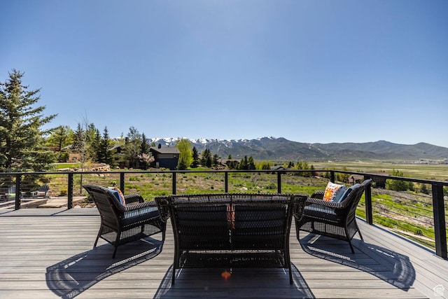 5925 Mountain Ranch Dr, Park City, UT 84098 - wooden terrace featuring a mountain view and an outdoor hangout area