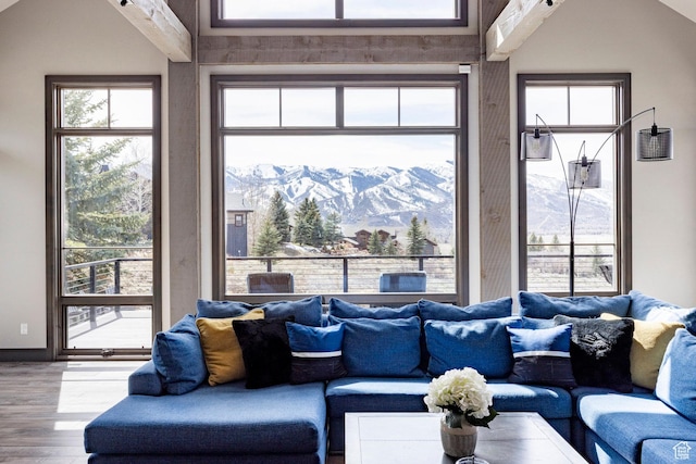 5925 Mountain Ranch Dr, Park City, UT 84098 - living room featuring wood finished floors, a mountain view, healthy amount of natural light, and baseboards