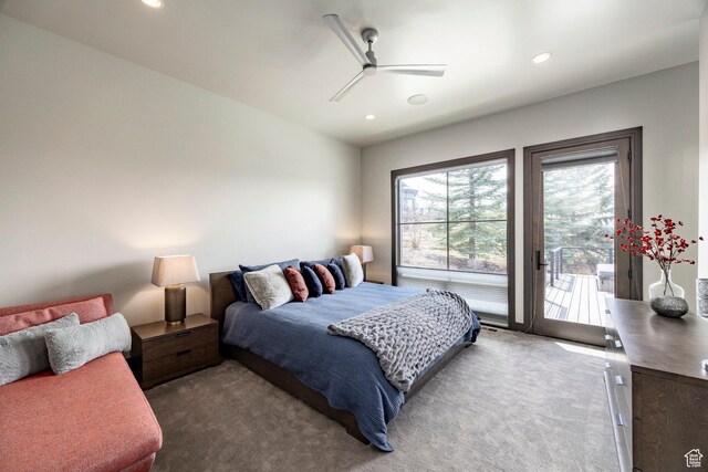 5925 Mountain Ranch Dr, Park City, UT 84098 - bedroom featuring access to exterior, carpet floors, recessed lighting, and ceiling fan