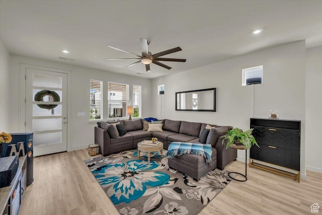 758 W Slate Ln, St George, UT 84790 - living room featuring light wood-style flooring, ceiling fan, recessed lighting, and baseboards
