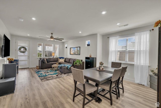 758 W Slate Ln, St George, UT 84790 - dining room featuring light wood-style flooring, recessed lighting, ceiling fan, and baseboards
