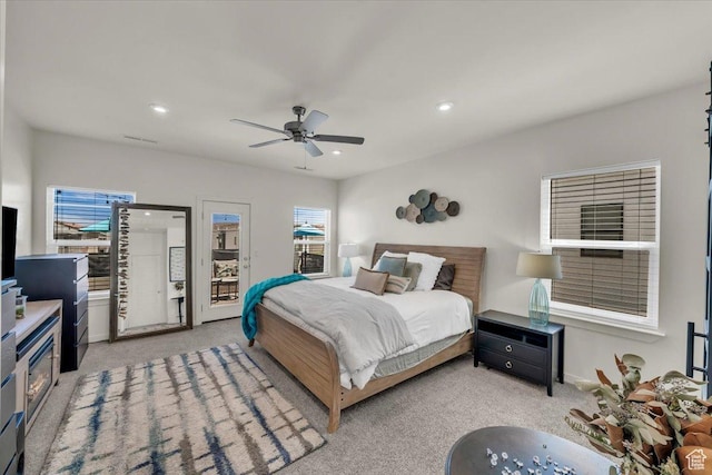 758 W Slate Ln, St George, UT 84790 - bedroom featuring carpet flooring, access to outside, recessed lighting, and ceiling fan